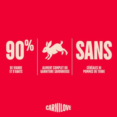 90% meat and offal, complete food or tasty supplement, grain- and potato-free. Carnilove.