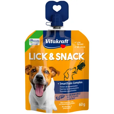 Vitakraft Lick & Snack cu SmartTrain Complex, stimulează concentrarea, pastă de ficat, 60 g, conținut scăzut de calorii, fără cereale, ambalaj reciclabil, fără coloranți și conservanți Vitakraft Lick & Snack cu SmartTrain Complex, stimulează concentrarea, pastă de ficat, 60 g, conținut scăzut de calorii, fără cereale, ambalaj reciclabil, fără coloranți și conservanți