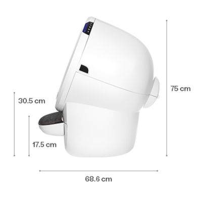 Boční pohled na bílý produkt s uvedenými rozměry: výška 75 cm, šířka 68,6 cm, další dva rozměry 30,5 cm a 17,5 cm.