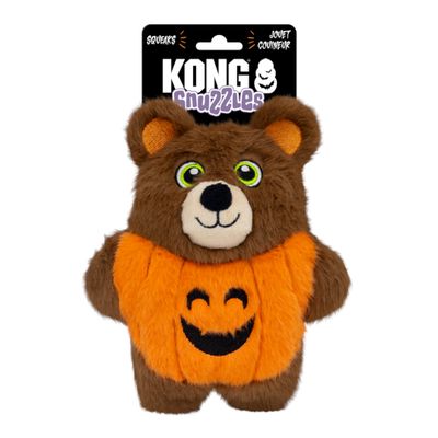 KONG Snuzzles giocattolo in peluche a forma di orso con motivo di zucca arancione e scritta 'Squeaks', 'Jouet Couineur' sulla confezione.