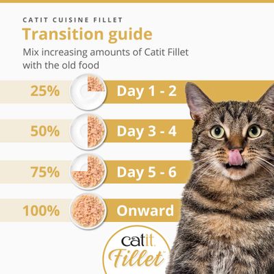 Tabella di transizione alimentare per Catit Fillet: Giorni 1-2 25%, Giorni 3-4 50%, Giorni 5-6 75%, dal giorno 7 100%. Mescolate Catit Fillet gradualmente con l'alimento precedente.