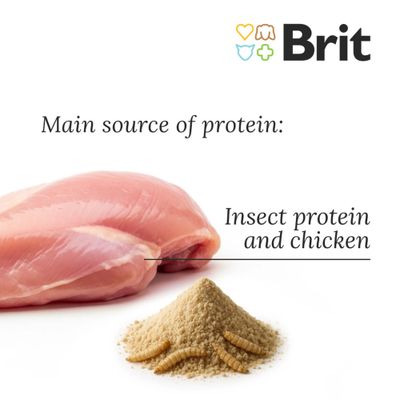 Balenie Brit Care Digest & Relax Puppy Chicken & Insect, 12 kg. Text: Sustainable, +probiotics, healthy growth, immunity, low CO₂. Zobrazené ikony a obrázky surovín.