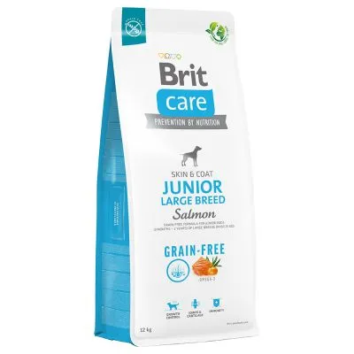 Brit Care Skin & Coat Junior Large Breed Salmon, Grain-Free, 12 kg. Na obalu ikony psa, lososa a mrkve, text Prevention by Nutrition, pro mladé psy velkých plemen.