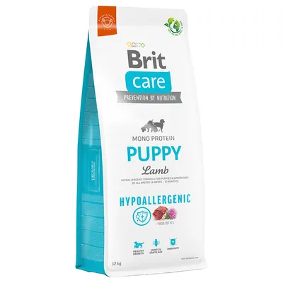 Brit Care Puppy Lamb, hipoalergena monoproteinska suha hrana s probiotiki za mladiče in mlade pse vseh pasem. Podpira rast, sklepe in imuniteto. Pakiranje 12 kg.