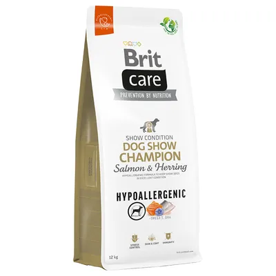 Brit Care Dog Show Champion, hipoalergiczna karma dla psów z łososiem i śledziem, 12 kg. Zawiera Omega-3, DHA, kontrolę stresu, pielęgnację skóry i sierści oraz wsparcie odporności.