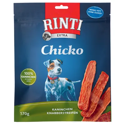 Rinti Extra Chicko kaninremsor, 100 % kanin i köttinnehållet, låg fetthalt, utan socker, 170 g förpackning.