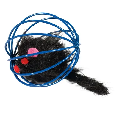 Toy made of blue metal cage with black fur mouse and pink-red accents. Toy made of blue metal cage with black fur mouse and pink-red accents.
