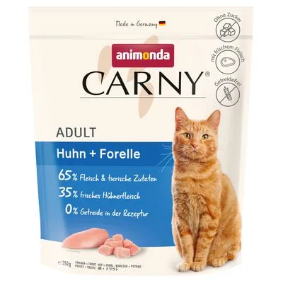 Verpakking animonda Carny Adult Huhn + Forelle, 65% vlees & dierlijke ingrediënten, 35% vers kippenvlees, 0% granen, zonder suiker, met verse vlees, afbeelding van kat en stukjes vlees.