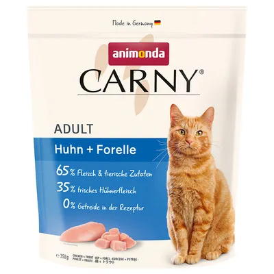 Animonda Carny Adult Huhn + Forelle, 65% carne e ingredienti animali, 35% pollo fresco, 0% cereali nella ricetta. Immagine di gatto arancione su confezione da 350g.