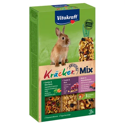 Vitakraft Kräcker Mix per conigli. Varianti: verdure e barbabietola rossa, uva e noci, frutti di bosco e sambuco. Made in Germany, ricetta senza zucchero, 3 strati, vitamine e minerali.