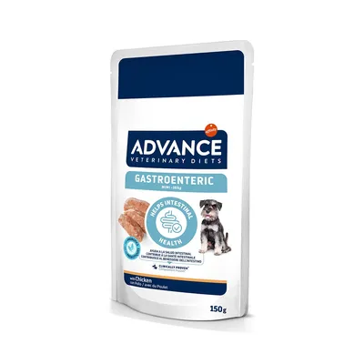 Advance Veterinary Diets Gastroenteric Mini <10kg, 150g με κοτόπουλο. Υποστηρίζει την εντερική υγεία. Κλινικά αποδεδειγμένο. Εικόνα μικρού σκύλου και κομματιών τροφής.