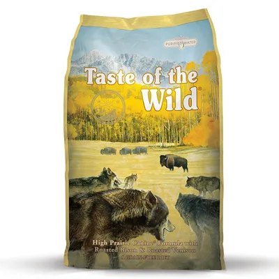 Taste of the Wild High Prairie Canine Formula with Roasted Bison & Roasted Venison. A grain-free diet. Purified water. Billede af ulve og bisoner på posen.