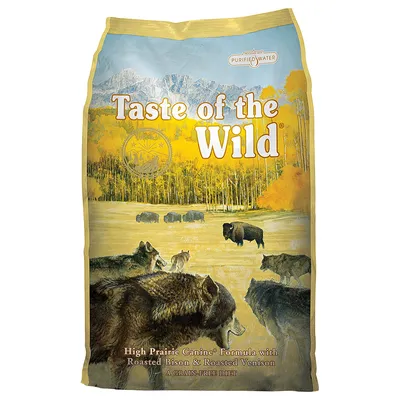 Taste of the Wild High Prairie Canine Formula with Roasted Bison & Roasted Venison. Purified Water. A Grain-Free Diet. Billede af ulve og bisoner på emballagen.