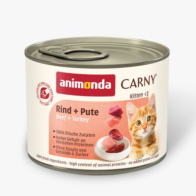 animonda Carny Naudanliha + Kalkkuna Kitten <1. 100 % tuoreita ainesosia, korkea eläinproteiinipitoisuus, ilman viljaa ja sokeria.