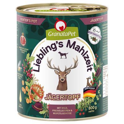 GranataPet Liebling's Mahlzeit Jägertopf, 800 g dåse. Tekst: Hunter’s Pot, Limited Winteredition, mit Wild, Preiselbeeren & Wurzelgemüse, grainfree, made in Germany.