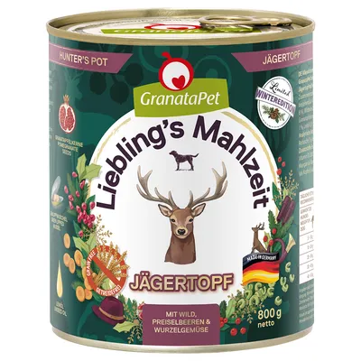GranataPet Liebling's Mahlzeit Jägertopf, 800 g dåse. Tekst: Hunter’s Pot, Limited Winteredition, mit Wild, Preiselbeeren & Wurzelgemüse, grainfree, made in Germany. GranataPet Liebling's Mahlzeit Jägertopf, 800 g dåse. Tekst: Hunter’s Pot, Limited Winteredition, mit Wild, Preiselbeeren & Wurzelgemüse, grainfree, made in Germany.