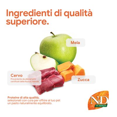Componenti: mela, zucca, carne di cervo proveniente da allevamenti certificati della Nuova Zelanda. Proteine di alta qualità, selezionate con cura per un pasto equilibrato. N&D Pumpkin.