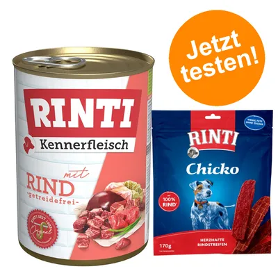 RINTI Kennerfleisch mit Rind, getreidefrei. RINTI Chicko herzhafte Rindstreifen, 170g, 100% Rind. Orangefarbener Kreis mit Text 'Jetzt testen!'.