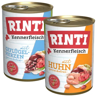 RINTI Kennerfleisch Dosen: mit Geflügelherzen, getreidefrei und mit Huhn, getreidefrei. Original seit 1983.
