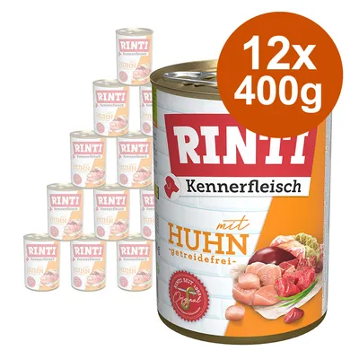 Rinti Kennerfleisch mit Huhn, getreidefrei. Packung: 12 Dosen à 400g. Zutatenabbildung: Hühnerfleisch, Leber und Gemüse. Rinti seit 1983 Original.