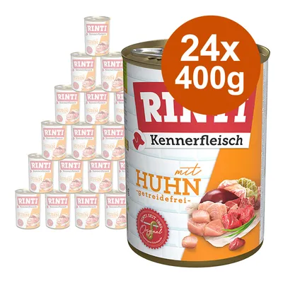 Rinti Kennerfleisch cu pui, fără cereale, 24 x 400g. Imagine cu stivă de conserve și detalii despre produs.