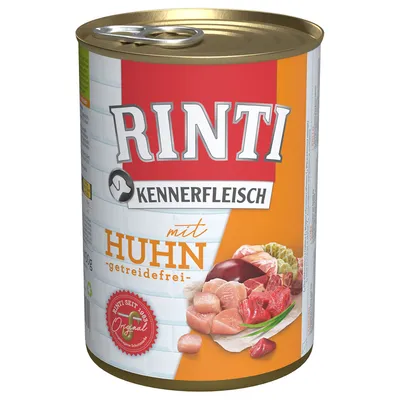 Rinti Kennerfleisch s kuracím mäsom, bez obilnín. Rinti od roku 1983 Original. Zobrazenie kúskov mäsa a prísad na konzerve.