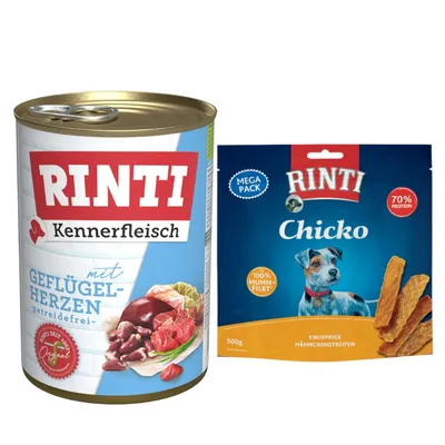 Kombi-Paket RINTI Kennerfleisch + RINTI Chicko Hundesnacks - Kennerfleisch Geflügelherzen 12 x 400 g + Chicko Huhn 2 x 500 g