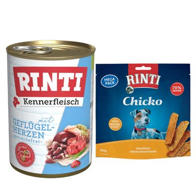 Kombi-Paket RINTI Kennerfleisch + RINTI Chicko Hundesnacks Kennerfleisch Geflügelherzen 12 x 400 g + Chicko Huhn 2 x 500 g