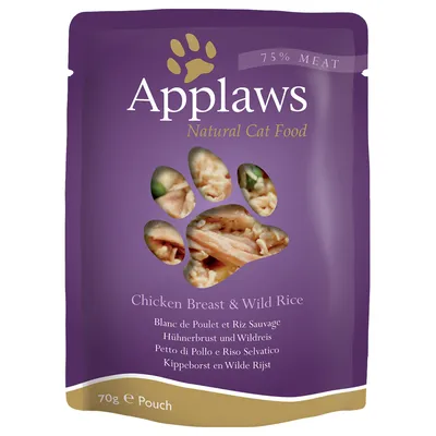 Applaws Natural Cat Food, 75% Meat, Chicken Breast & Wild Rice, 70 g pouch. Synligt indhold gennem poteformet vindue på emballagen.