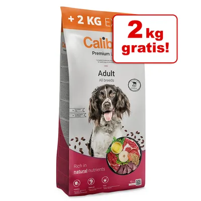 Calibra Premium Line Adult All Breeds dog food, rich in natural nutrients. Offer: +2 kg free. Packaging shows ingredients such as meat and vegetables. 12 kg pack.