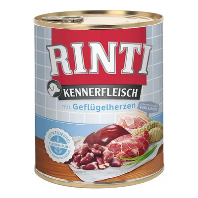 RINTI Kennerfleisch mit Geflügelherzen - säilykepurkki, jossa näkyy lihaa ja sisäelimiä. Teksti: getreidefrei, fleisch pur, ohne kohlenhydrate. Saksankielinen tuotenimi ja tiedot.
