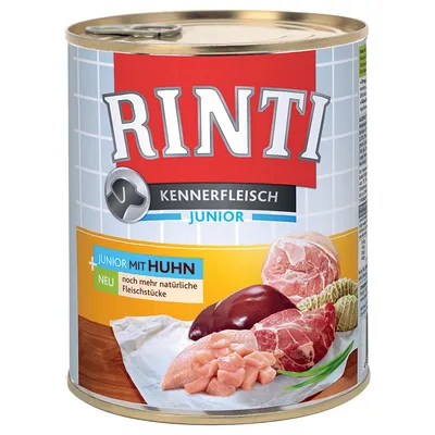 Rinti Kennerfleisch Junior blik, zichtbare tekst: Junior mit Huhn, neu noch mehr natürliche Fleischstücke. Afbeelding van verschillende soorten vlees op de verpakking.