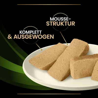 Termékkép: mousse állagú, teljes értékű és kiegyensúlyozott. Több darab fehér tányéron látható.