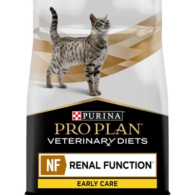 Purina Pro Plan Veterinary Diets NF Renal Function Early Care. Verpackung mit Katze und gold-schwarzem Design.
