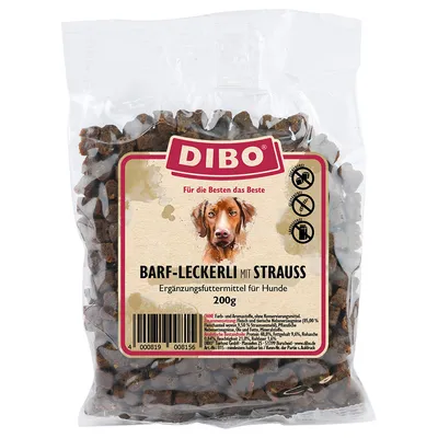 DIBO BARF-godbidder med struds, tilskudsfoder til hunde, 200g. Uden farve- og aromastoffer, uden konserveringsmidler.