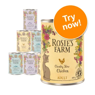 Rosie’s Farm Adult cat food tins, visible flavours include Chunky Stew Chicken and Tender Salmon. Large tin in front with 'Try now!' badge. 400g size shown. Grain-free recipe text visible.