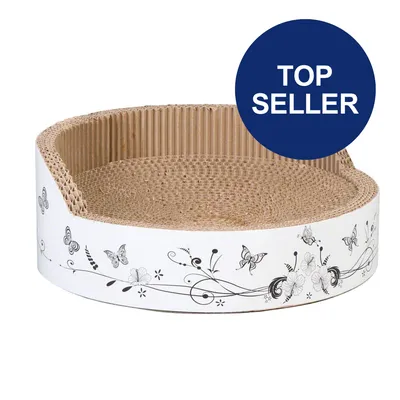 Kratzbett aus Pappe mit floralem und Schmetterlingsdesign, rund. Blauer Kreis mit Text 'Top Seller'.