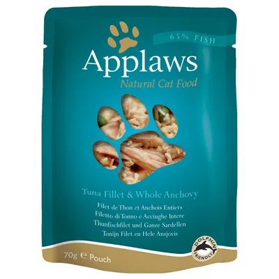 Applaws Natural Cat Food, 65% Fish, Tuna Fillet & Whole Anchovy, 70 g. Dolphin Friendly. Tekst på engelsk, fransk, italiensk, tysk og hollandsk synlig på emballagen.