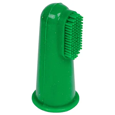 Grön tandborste för fingret av plast med korta borst för tandvård.