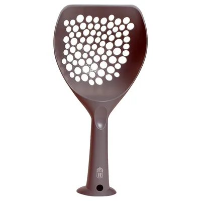 Plastic scoop with circular holes for sifting and removing waste from litter or similar materials. Handle features a small hole for hanging storage.