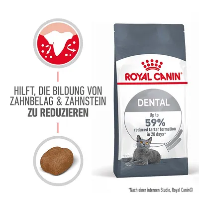 Royal Canin Dental, texte en allemand : aide à réduire la formation de plaque et tartre, jusqu’à 59 % de réduction du tartre en 28 jours (texte en anglais), croquette et chat visibles.