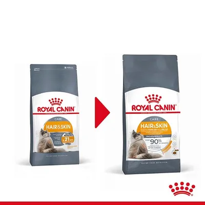 Два пакета Royal Canin Hair & Skin за котки, показващи промяна в дизайна на опаковката. Видими надписи: 'PROVEN RESULTS', 'OVER 90%'. Изображение на котка отпред.