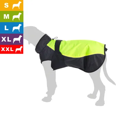 Größenübersicht S, M, L, XL, XXL für Hundebekleidung, daneben Abbildung eines Hundemantels in Schwarz und Neongelb an einem Hundesilhouette.