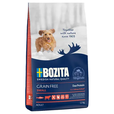 Bozita Grain Free Small, Duo Protein met zalm en rund, 1,1 kg. Voor kleine tot middelgrote honden. 26% eiwit, 16% vet. Graanvrij. Gemaakt in Vårgårda, Zweden.