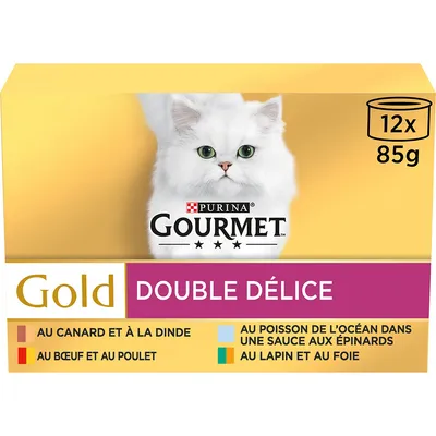 Boîte Purina Gourmet Gold Double Délice pour chat, 12 x 85 g. Variétés visibles : canard et dinde, bœuf et poulet, poisson de l’océan sauce épinards, lapin et foie.