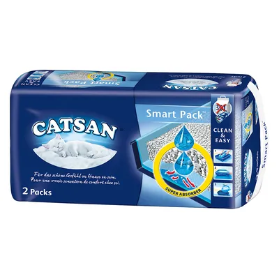 CATSAN Smart Pack kissanhiekkapakkaus, 2 Packs. Pakkauksessa näkyy imukykykuvitus ja tekstit: CLEAN & EASY, SUPER ABSORBER, 3x1, sekä ohjekuvia käytöstä.