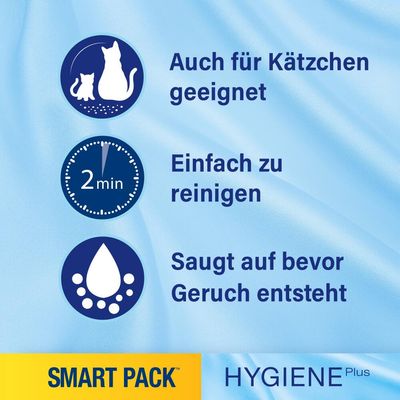 Auch für Kätzchen geeignet, einfach zu reinigen, saugt auf bevor Geruch entsteht. SMART PACK Hygiene Plus.