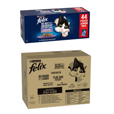 44 x 85 g gratis! 120 x 85 g/120 x 80 g Pachet Jumbo Felix + 44 x 85 g hrană umedă pentru pisici - 120x85 g Amestec de pește II (ton, somon, cod, cambulă) + 44x85 g Pui, vită, ton, somon