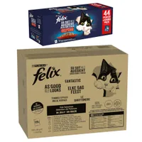 Jumbopack Felix 120 x 80 /85 g pour chat + 44 x 85 g sachets offerts ! - Tendres Effilés : thon, saumon, cabillaud, carrelet (120 x 85 g) + sélection à la viande (44 x 85 g)