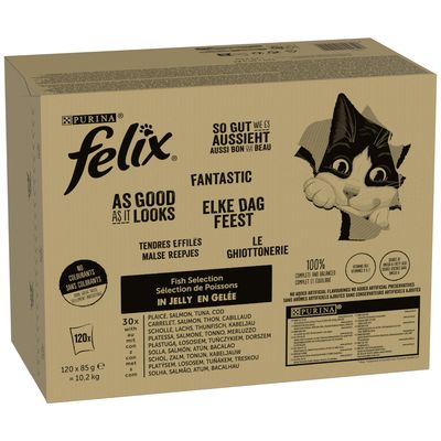 Voordeelpakket Felix "Zo Goed Als Het Eruit Ziet" Gelei 120 x 85 g Tonijn, Zalm, Kabeljauw en Koolvis(120 x 85 g)